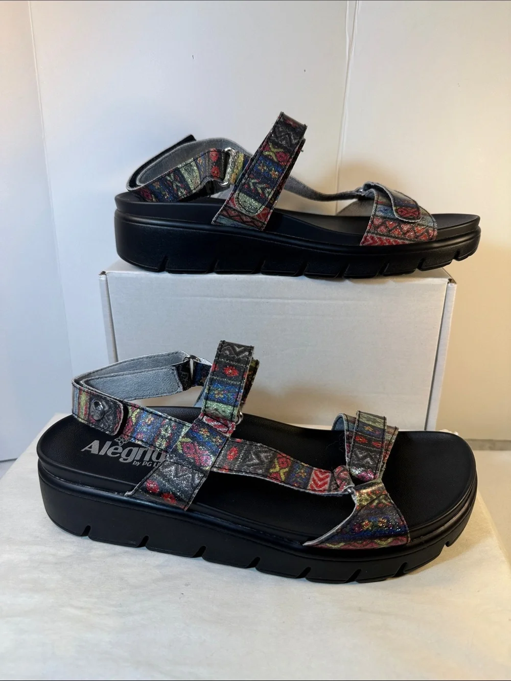 Alegria Black Multicolor Patterned Platform Sandals